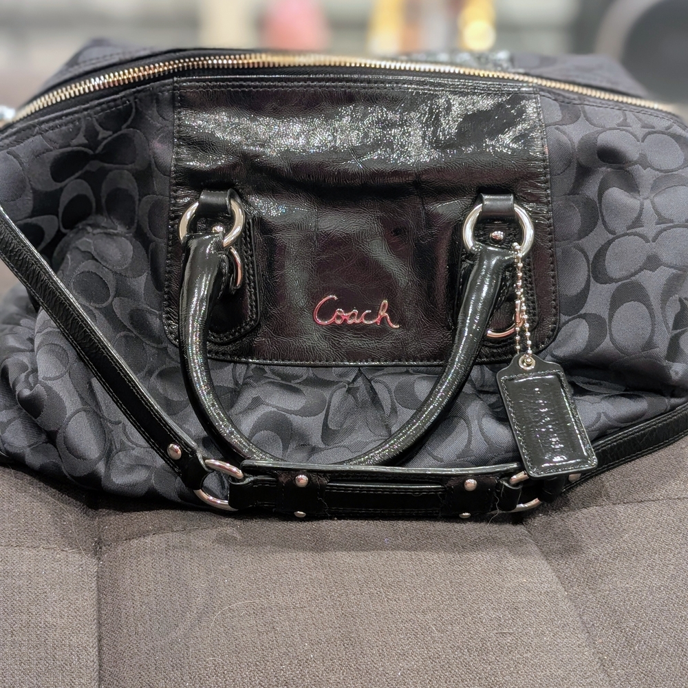 Coach Black and Gray Signature Tote with Patent Trim